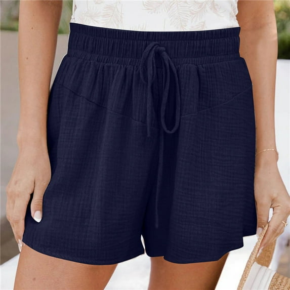 USSUMA Biker Shorts Women Solid Color Elastic Band Loose And Simple Ribbed Mid Waist Lace-Up Shorts Lounging Delightful Shrots Drawstring Wide Legs Loose Fit Womens Shorts for Trekking Navy Xl