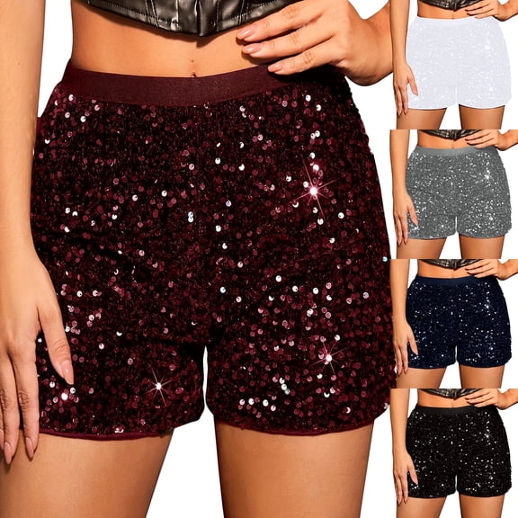 USSUMA Biker Shorts Women Solid Color Hotpants Pull-on Fashionable Elastic Waist Stright Shorts High Waist Moisture Wicking Short Pants Sequin Classic Fit Shorts for Street Wear Black L