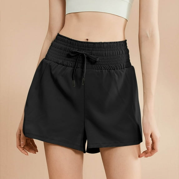 USSUMA Biker Shorts Women Solid Color Pull-on Loose BreAthable Quick Dry Elastic Skinny Split Hem Gym Shorts Casual with Pocket Sports Moisture Wicking Shrots Fitness Running Womens Shorts Black M