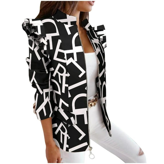 USSUMA Blazers Jackets for Women Fall Ruffle Leopard Office Suit Jacket Open Front Long Sleeve Zipper Work Casual Cardigan