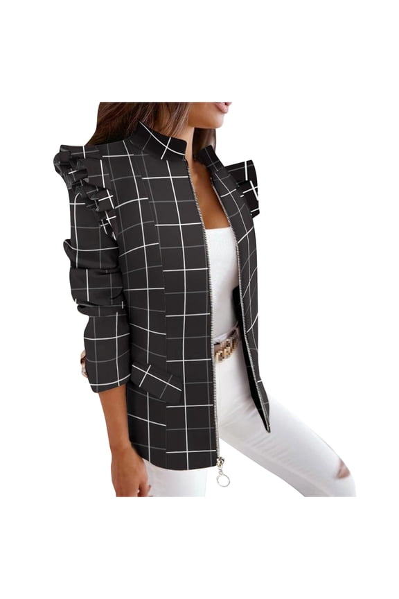USSUMA Blazers Jackets for Women Fall Ruffle Leopard Office Suit Jacket Open Front Long Sleeve Zipper Work Casual Cardigan