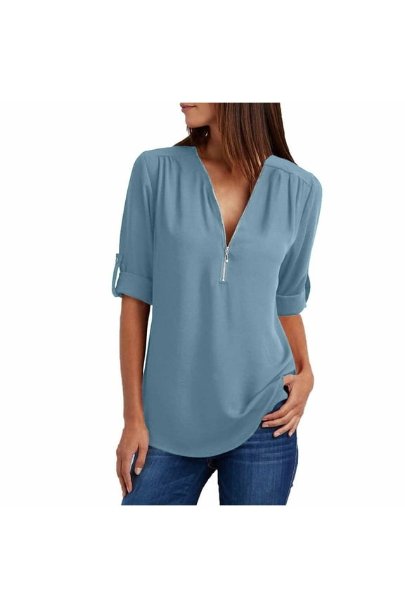 USSUMA Blouses For Women Dressy Casual Tops V Neck 3/4 Sleeve Zip Up Business Casual Work Tunic Tops Blouse Shirts