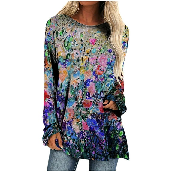 USSUMA Blouses for Women - Long-Sleeves Tunic Sweatshirt For Women Dressy Casual Loose Scoop Neck Teen Girls Pullover Sweater Blouses Feather Letters Graphic Graphic Tunic Sweatshirt For Women