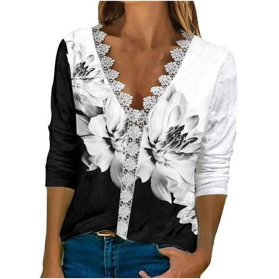 USSUMA Blusas De Mujer Elegantes Floral Printed Womens Long Sleeve Blouse Lace Trim V-Neck Shirts Dressy Casual Tunic Tops