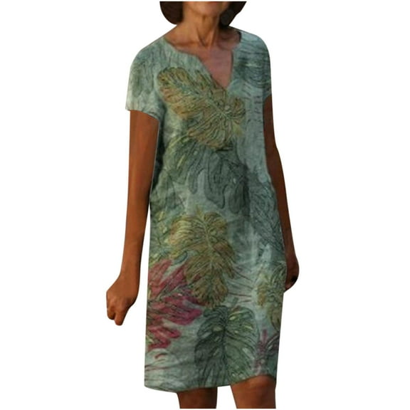 USSUMA Boho Dress for Women, Women's Line Cotton Knee Length Dress Short Sleeve V Neck Floral Print Shift Dresses Casual Loose T Shirt Tunic Summer Dress