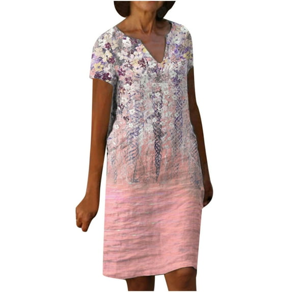 USSUMA Boho Dress for Women, Women's Line Cotton Knee Length Dress Short Sleeve V Neck Floral Print Shift Dresses Casual Loose T Shirt Tunic Summer Dress