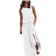 thumbnail image 1 of USSUMA Boho Dress for Women, Women's Summer Casual Long Sundress Empire Elastic Waist Pleated Loose Swing Casual Plain Slit Maxi Dress, 1 of 6