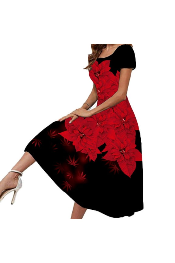 USSUMA Boho Dress for Women, Women's Vintage Floral Flared A-Line Swing Party Dresses Casual Summer Rose Printed Short Sleeve Long Maxi Dresses