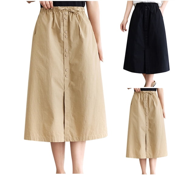 USSUMA Button-Front A-Line Midi Skirt With Pockets Lightweight Linen Blend Elastic Waist Casual Straight Fit With Front Slit For Summer Streetwear Travel And Weekend Wear