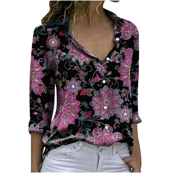 USSUMA Button Down Lapel Plus Size Summer Tops for Women 2022 Trendy Floral Print Womens Tunic Tops V Neck Basic Shirts Tees Short Sleeve Dressy Blouses for Women