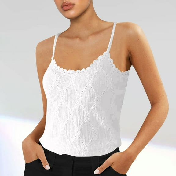 USSUMA Camisole Tops for Women Tops for Women Trendy Women's Summer Round Neck Solid Color Knitted Lace Camisole Round Neck Camisole Online Shopping Womens Tops Solidcolor