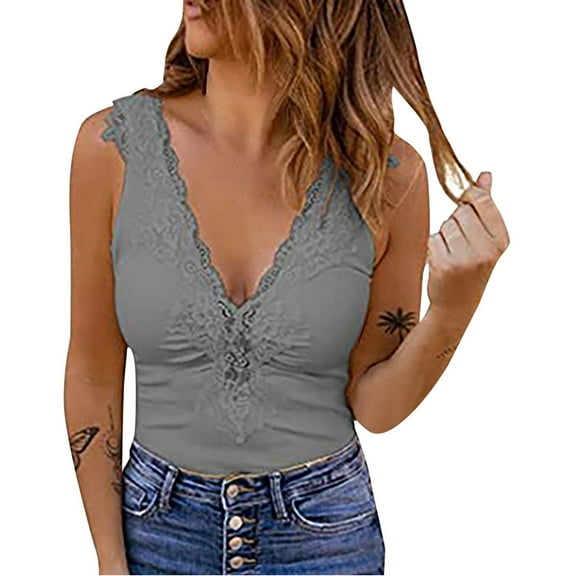 USSUMA Camisole Tops for Women Tops for Women Trendy Fashion Sexy Womens V-Neck Patchwork Lace Short Camis Tops Vest Holiday Saving Womens Tops