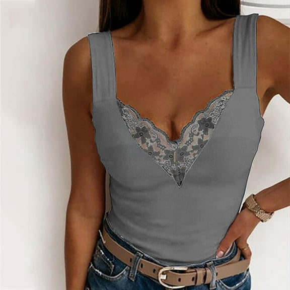 USSUMA Camisole Tops for Women Womens Summer Tops Fashion Sexy Womens V-Neck Patchwork Lace Short Camis Tops Vest Online Shopping Womens Tops