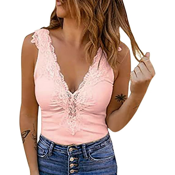 USSUMA Camisole Tops for Women Womens Summer Tops Fashion Sexy Womens V-Neck Patchwork Lace Short Camis Tops Vest Up to 45% Off Womens Tops