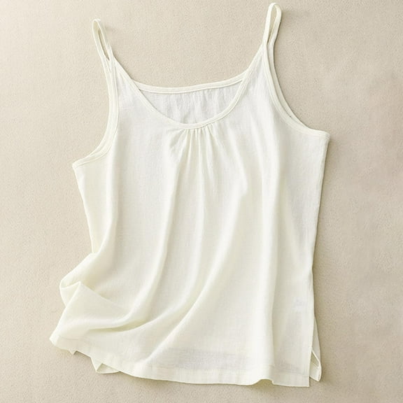 USSUMA Camisole Tops for Women Womens Tops Women's Solid Color Short Top with and Linen Round Neck Suspender Holiday Saving Womens Tops Solidcolor