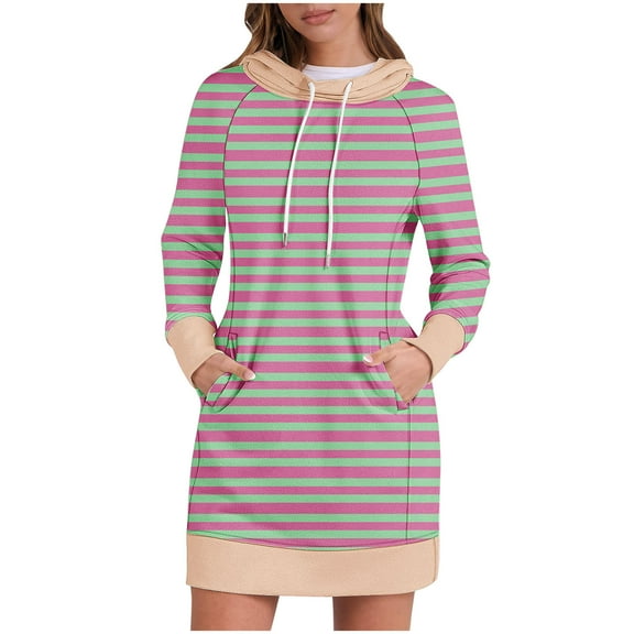 USSUMA Casual Dresses for Women Summer Dresses Long Sleeve Solid Color Dress with Pocket Hoodie Striped Maxi Dress Trendy Skirts Loose Dresses Daily Wear 50% off Clear Hot Pink Dress Size-XL