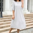 thumbnail image 1 of USSUMA Casual Dresses for Women Summer Dresses Mid-Sleeve Crew Neck Casual Solid Color Dress with Pocket Linen Maxi Dress Vintage Dress Breathable Skirt Gym Up to 65% off Gray Dress Size-XXL, 1 of 3