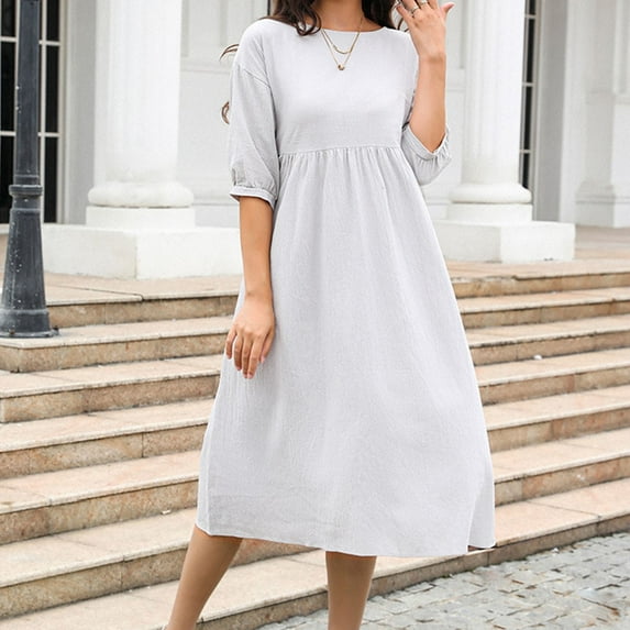 USSUMA Casual Dresses for Women Summer Dresses Mid-Sleeve Crew Neck Casual Solid Color Dress with Pocket Linen Maxi Dress Vintage Dress Breathable Skirt Gym Up to 65% off Gray Dress Size-XXL