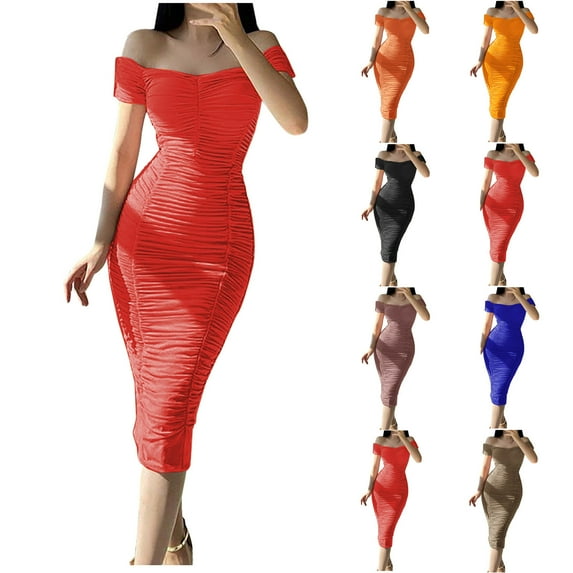 USSUMA Casual Dresses for Women Women'S Casual Dresses Sleeveless Solid Color Pleated off Shoulder Neck Casual Maxi Dress Elegant Dress Comfortable Skirts Birthday Sales Black Dress Size-L
