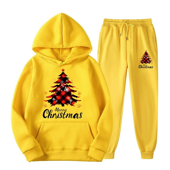 USSUMA Christmas Woman 2 Piece Outfit Set Hoodie Woman Long Sleeved Pullover Sweatpant Outfits Pocket Drawstring Print Tracksuit Stretch Waist Trendy Jogger Sets Plus Size Weekend Fall Suit
