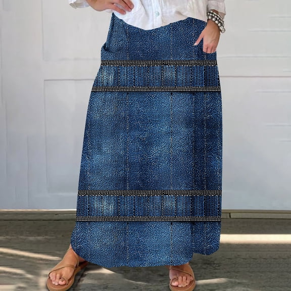 USSUMA Classic Denim-Print Elastic-Waist Pleated Mid-Calf Skirt With Pockets, Lined A-Line Shape For Travel Work Weekend Versatile Styling Breathable Fabric — Summer Skirt