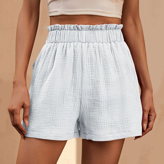 USSUMA Clearance Sale Bermuda Shorts for Women Solid Color Bermuda Pull-on Ribbed High Waist Wide Leg Lounge with Pocket Trendy Short Pants Tailored Fit Womens Shorts for Running Errands. White S
