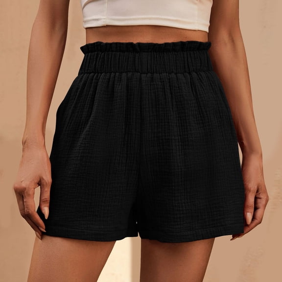 USSUMA Clearance Sales Womens Shorts Casual Solid Color Bermuda Pull-on Ribbed High Waist Wide Leg Lounge with Pocket Trendy Shorts Regular Fit Womens Shorts for Gym Black Xxl