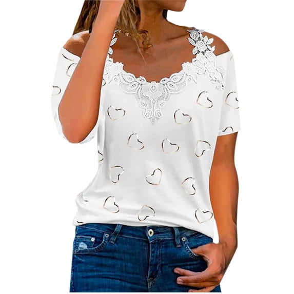 USSUMA Cold Shoulder Blouses for Women Dressy Casual Floral Printed Lace Shirts Short Sleeve V-Neck Cute Tees Womens Lace Tops