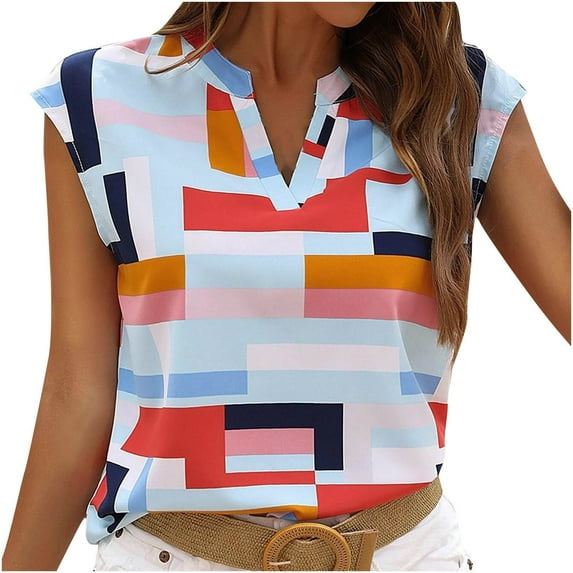 USSUMA Colorful Striped Vest Womens Blouses and Tops Dressy Cap Sleeve Plus Womens Tops Casual Curved Tank Tops T-Shirts Shirt for Women Trendy V Neck Tunic Plus Size