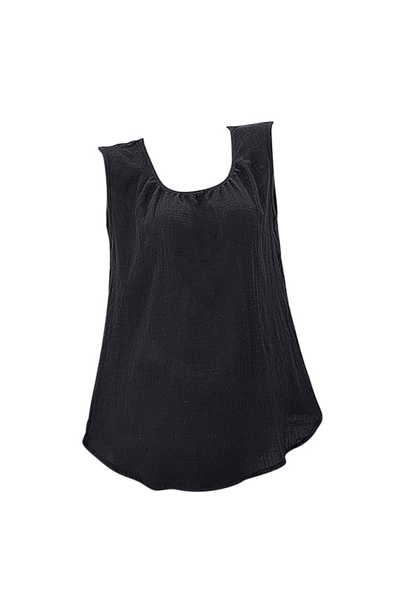 USSUMA Plus Womens Tops Dressy Casual Cotton Linen Loose Tank Top Round Neck Women's Tunics Loose Flowy Solid Basic Tee T Shirts for Women Sleeveless Summer Blouses Trendy