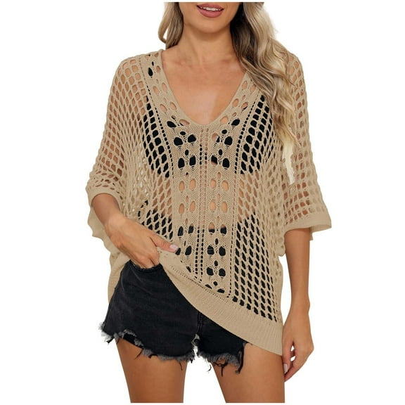 USSUMA Cover Ups for Swimwear Women Casual Short Sleeve Breathable Blouse Tunic Hollow Out Valentine's Day loose casual Shirt tops Women's Swimsuits for Dating Walking Athletic Fit Khaki