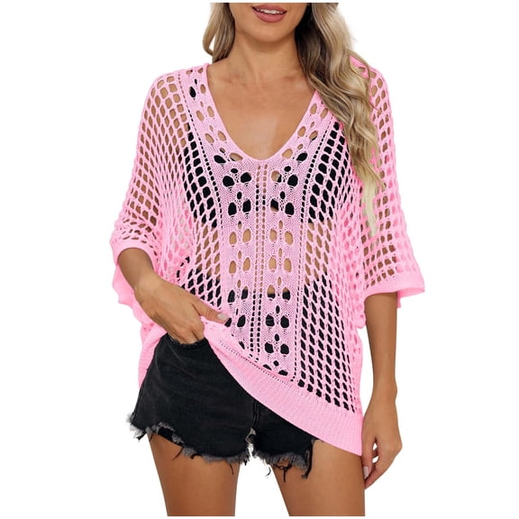 USSUMA Cover Ups for Swimwear Women Casual Short Sleeve Breathable Blouse Tunic Hollow Out Valentine's Day loose casual Shirt tops Women's Swimsuits for Dating Walking Athletic Fit Pink