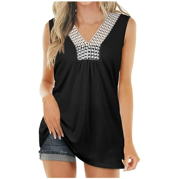 USSUMA Cute Womens Tops Summer Fashion Shirts Women's Summer V-Neck Summer Tops Casual Solid Tank Tops Sleeveless Plus Tunics Blouse Ladies Tops Trendy