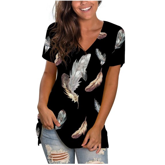 USSUMA Daisy Print T-Shirts for Women Trendy Bohemian Retro Basic Flowy Women's Shirts and Blouses Short Sleeve Women Tops Dressy Casual Summer V Neck Plus Tunics Beach