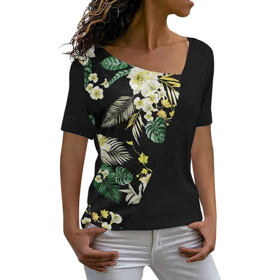 USSUMA Daisy Print T-Shirts for Women Trendy Color Block Graphic Women's Shirts and Blouses Short Sleeve Women Tops Dressy Casual Summer V Neck Plus Tunics Beach