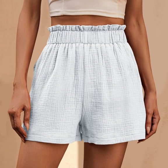 USSUMA s Linen Shorts for Women Solid Color Bermuda Pull-on Ribbed High Waist Wide Leg Casual with Pocket Fashion Shorts Tailored Fit Summer Shorts for Climbing White Xxl