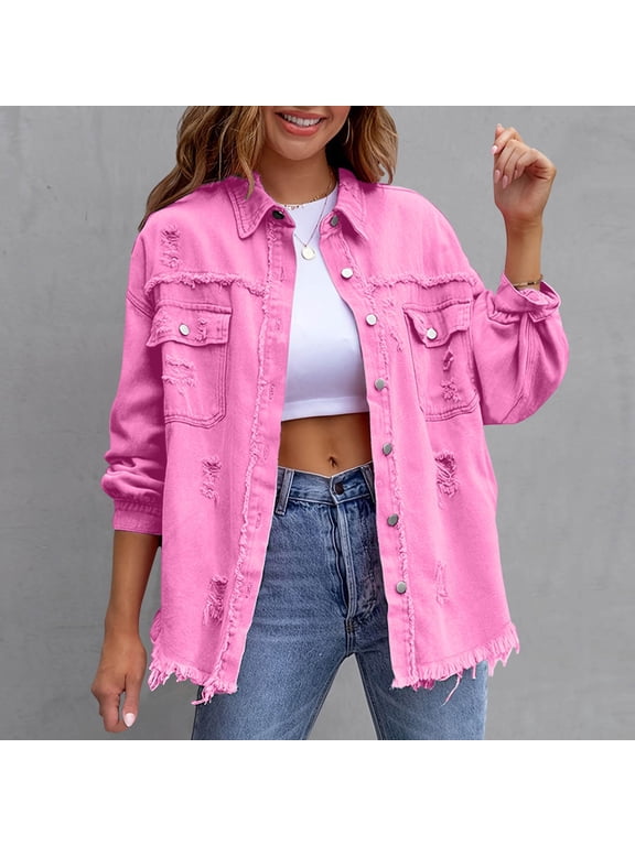 Denim Jacket for Women Solid Color Loose Distressed Long Sleeve Button Down Frayed Hem Casual Vintage Spring Autumn Daily Commute Office Work S Hot Pink