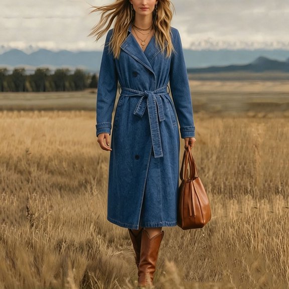 USSUMA Denim Trench Long Coat for Women Long Sleeve Collared Button Front Belted Waist Loose Fit Tie Up Denim Jacket Elegant Casual Spring Autumn Daily Commute S Blue