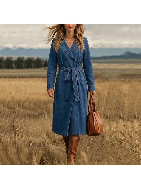 Denim Trench Long Coat for Women Long Sleeve Collared Button Front Belted Waist Loose Fit Tie Up Denim Jacket Elegant Casual Spring Autumn Daily Commute S Blue