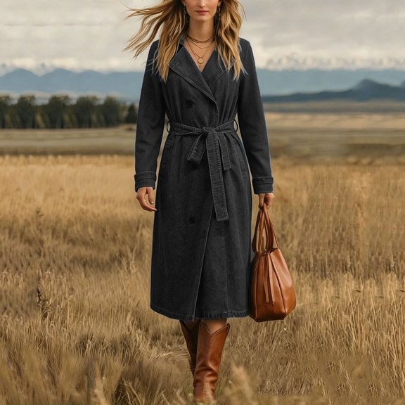 USSUMA Denim Trench Long Coat for Women Long Sleeve Collared Button Front Belted Waist Loose Fit Tie Up Denim Jacket Elegant Casual Spring Autumn Daily Commute S Black