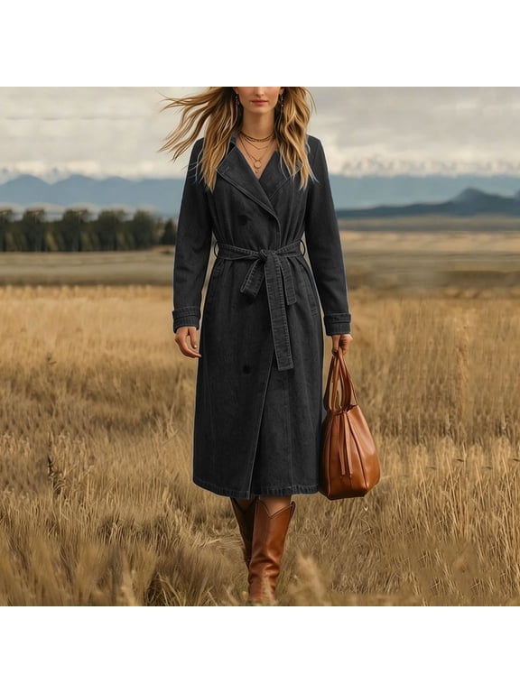 Denim Trench Long Coat for Women Long Sleeve Collared Button Front Belted Waist Loose Fit Tie Up Denim Jacket Elegant Casual Spring Autumn Daily Commute S Black