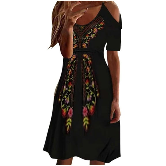 USSUMA Dress for Women Wedding Guest Short Sleeve Cold Shoulder Tunic Swing Midi Summer Dress Casual Ethnic Floral Print Vintage 2022 Sundresses Beach V Neck Womens Sun Dresses