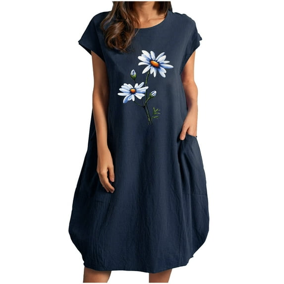 USSUMA Dress for Women Wedding Guest Short Sleeve Linen Cotton Shift T Shirt Midi Summer Dress Casual Daisy Print Knee Length 2022 Sundresses Beach Round Neck Womens Sun Dresses