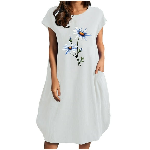 USSUMA Dress for Women Wedding Guest Short Sleeve Linen Cotton Shift T Shirt Midi Summer Dress Casual Daisy Print Knee Length 2022 Sundresses Beach Round Neck Womens Sun Dresses