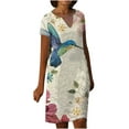 thumbnail image 1 of USSUMA Dress for Women Wedding Guest, Summer Linen Dress for Womens Short Sleeve V Neck Shift Dresses Floral Bird Print Knee Length Sundress Midi Dress, 1 of 5