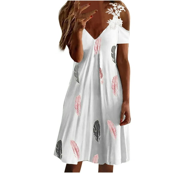 USSUMA Dress for Women Wedding Guest, Women Lace Cold Shoulder Dress Summer Trendy Short Sleeve Feather Print Dresses V Neck Midi Knee Length Sundress