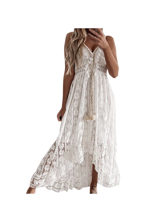 Boho Dress for Women, Women's Bohemian Lace Splicing White Long Maxi Dress Sexy V-Neck Sleeveless Hollow Out Tassel Lace Solid Ankle-Length Dresses