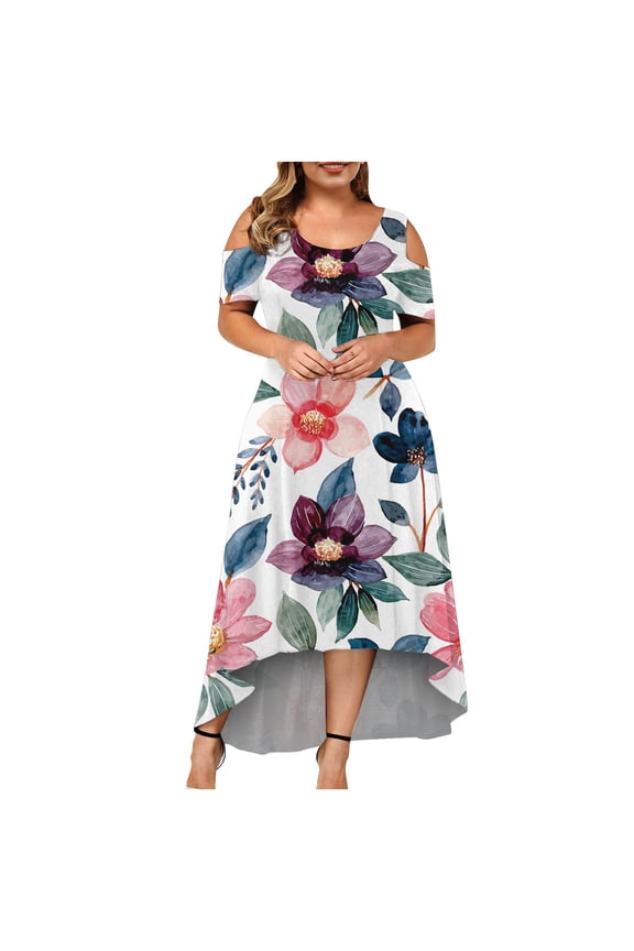USSUMA Dress for Women Wedding Guest, Women's Cold Shoulder Plus Size Casual Long Swing Dress Summer Ladies Floral Crewneck Party Beach Maxi Dress Sundresses