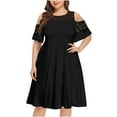 thumbnail image 1 of USSUMA Dress for Women Wedding Guest, Women's Plus Size Cold Shoulder Knee-Length Dresses Elegant Mesh Neck Casual Dress Short Sleeve Summer Flowy Swing Sundress, 1 of 7