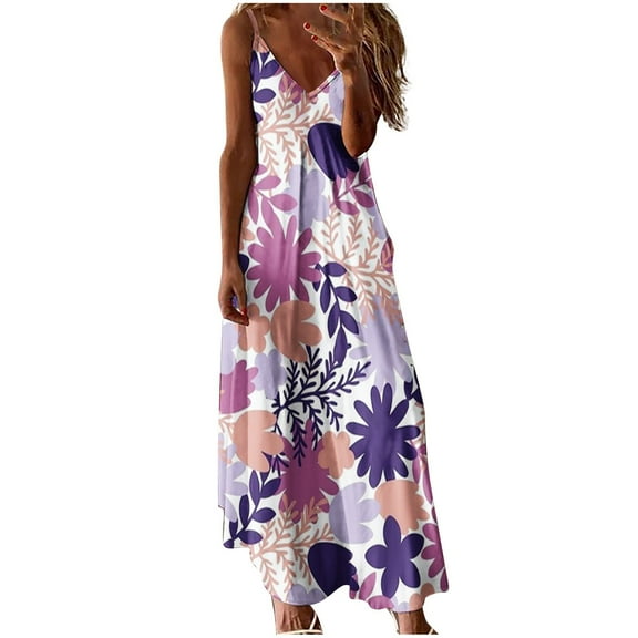 USSUMA Summer Dresses For Women 2022 Beach Women's Summer Floral Boho Sleeveless Spaghetti Strap Cami Long Maxi Dress Daisy Print V Neck Backless Beach Sundress